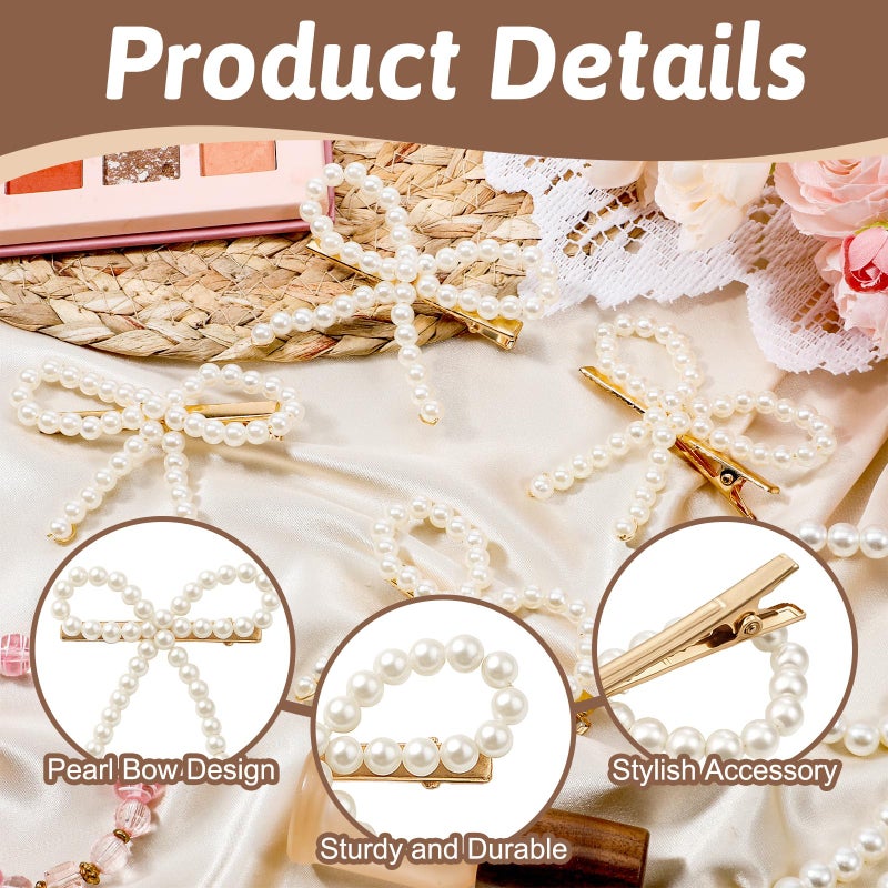 Larrel 4 Pcs Pearl Bow Hair Clips, Elegant Bowknot Clips with Pearls Exquisite Pearl Hair Accessories for Women Girls Daily Use, Perfect Gifts for Weddings Brides Birthdays - Image 3